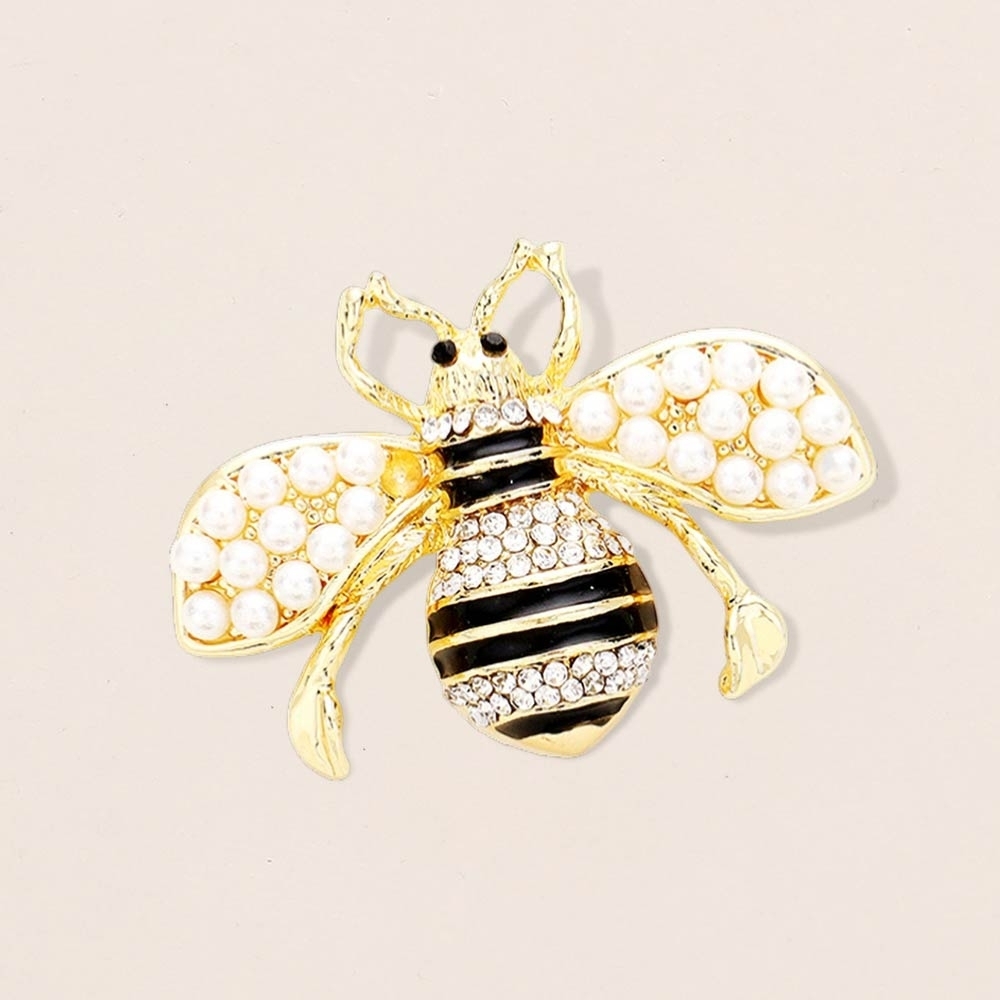 Gold Black Cream Pearl Stripe Rhinestone Honey Bee Brooch Pin Fashion Accessory